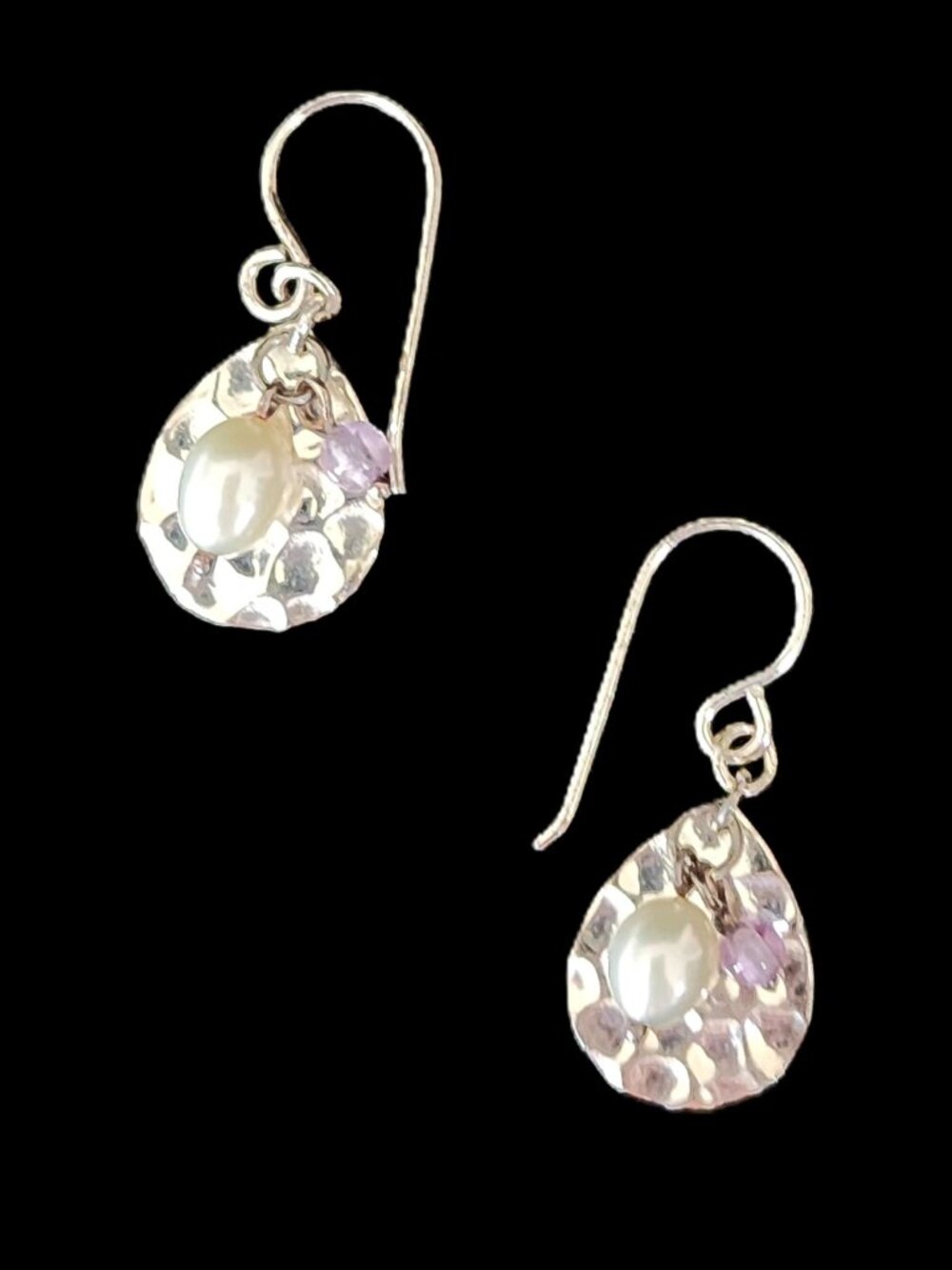 Vintage 2000s Hammered Sterling Silver Teardrop Earrings Pearl & Amethyst